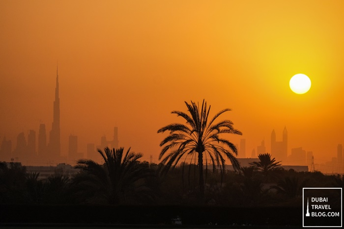 dubai skyline sunset desert palm resort